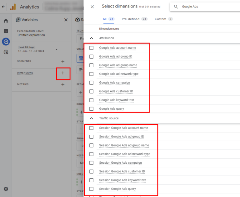 Google Ads dimensions in exploration