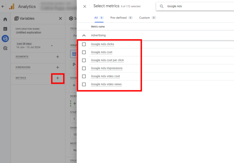 Google ads metrics exploration section